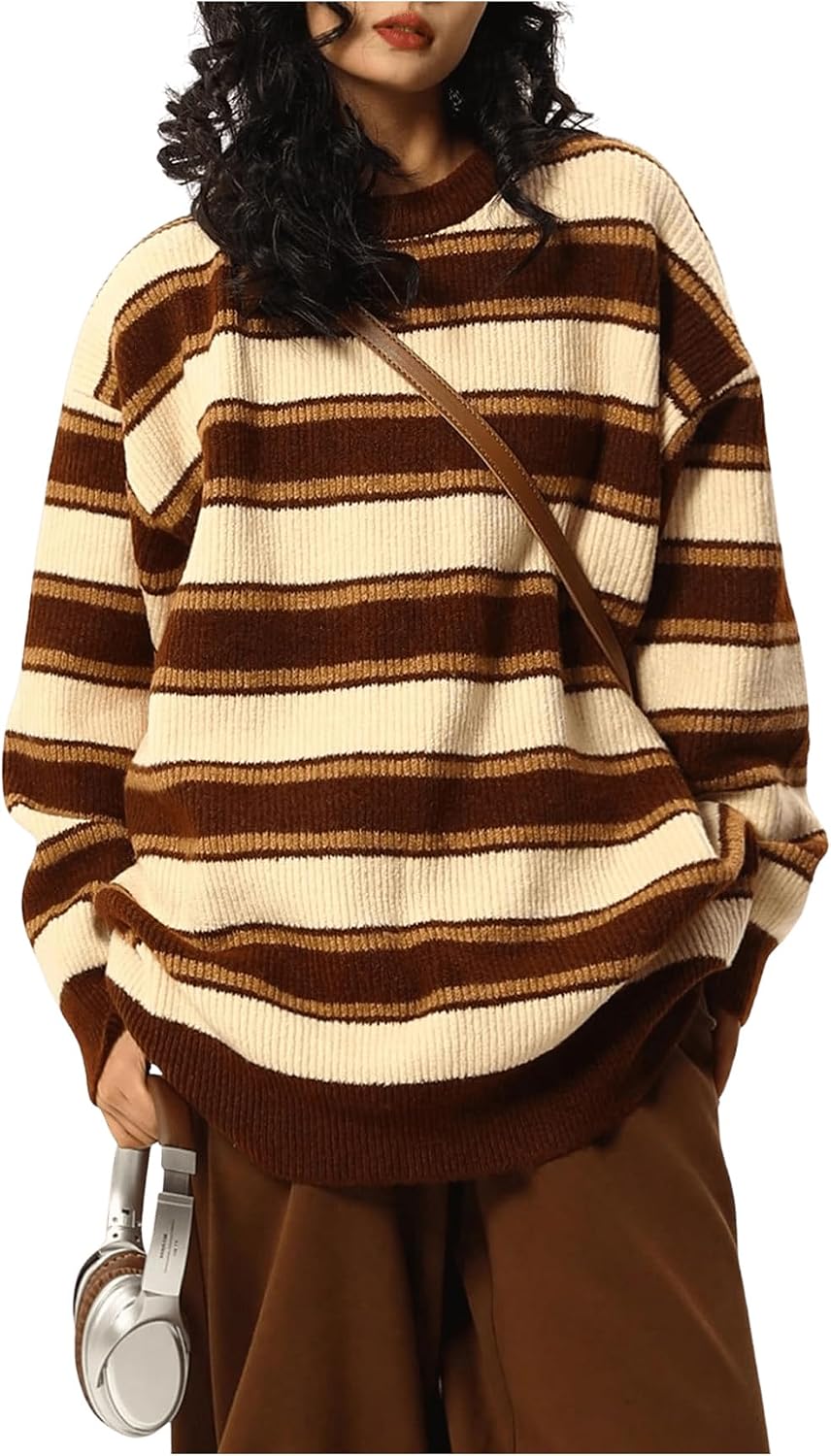 Madison Women's Striped Sweater – Crew Neck, Drop Shoulders & Oversized Fit