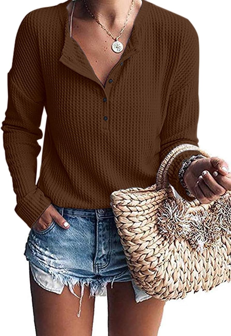 Lucille Women's Waffle Knit Henley Top – V-Neck, Batwing Sleeves & Relaxed Fit