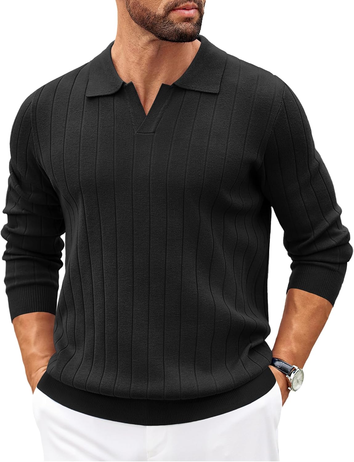 Benjamin Men's Knit Polo Sweater – V-Neck Collar, Wide Stripe Texture & Ribbed Trims