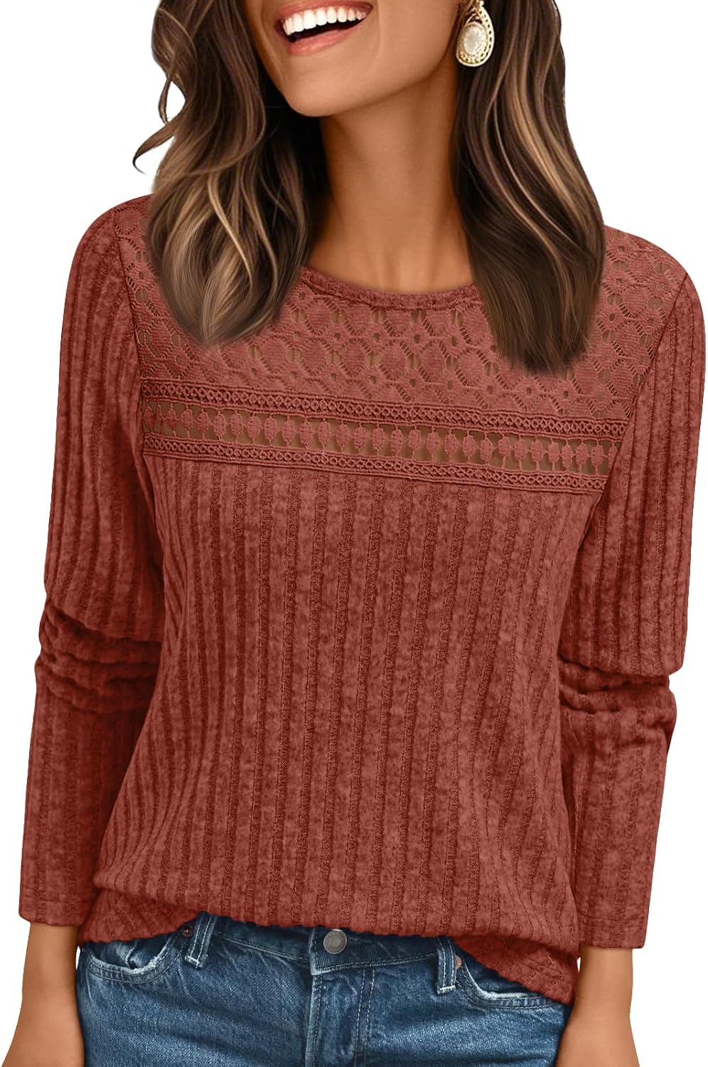 Adeline Women's Lace Ribbed Top – Crew Neck, Long Sleeves & Fitted Silhouette