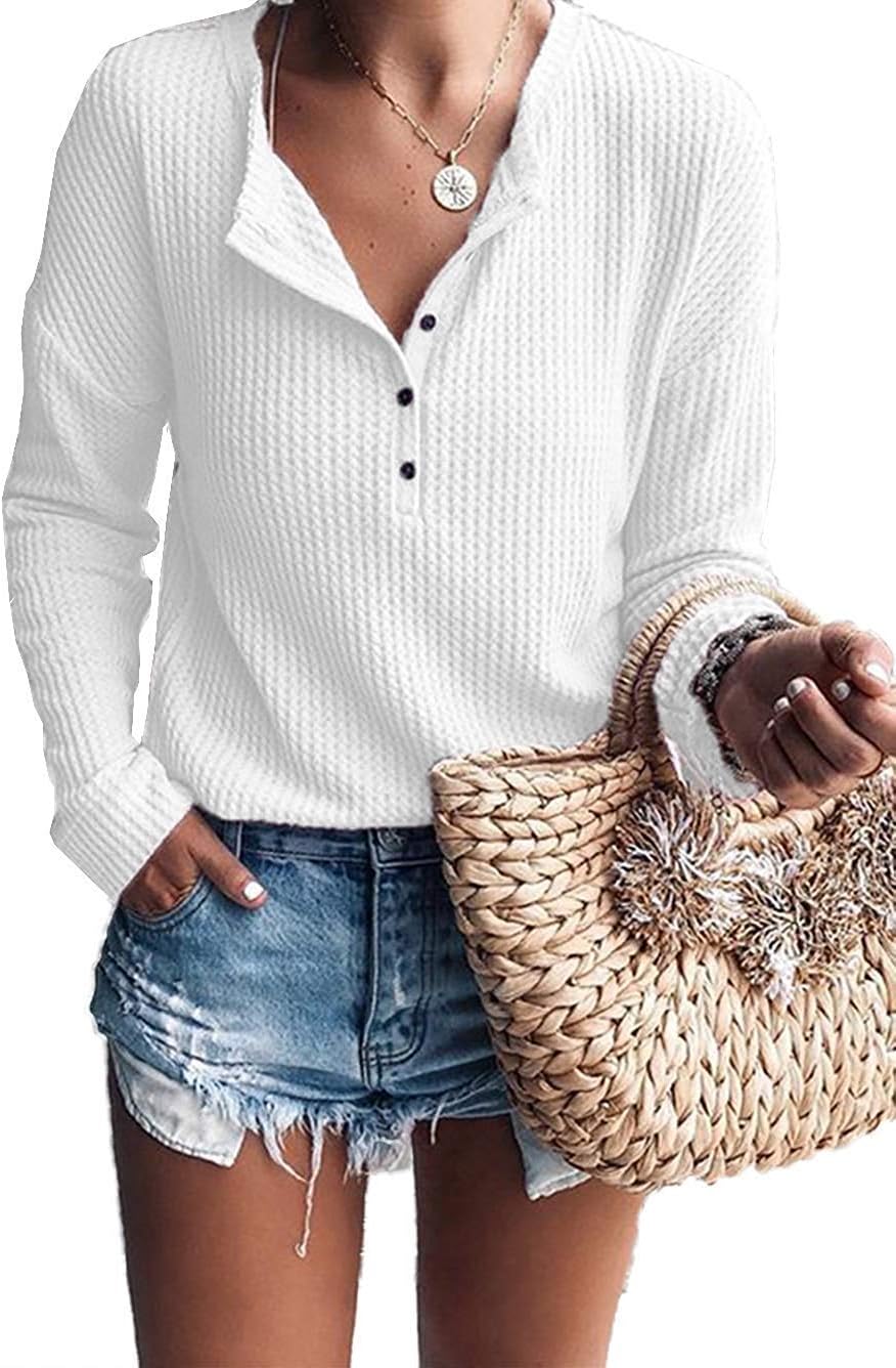 Lucille Women's Waffle Knit Henley Top – V-Neck, Batwing Sleeves & Relaxed Fit