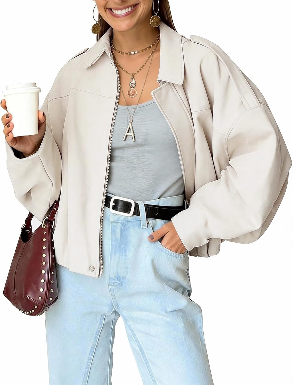 Sasha Women's Faux Suede Bomber Jacket – Cropped Fit, Batwing Sleeves & Zip Front