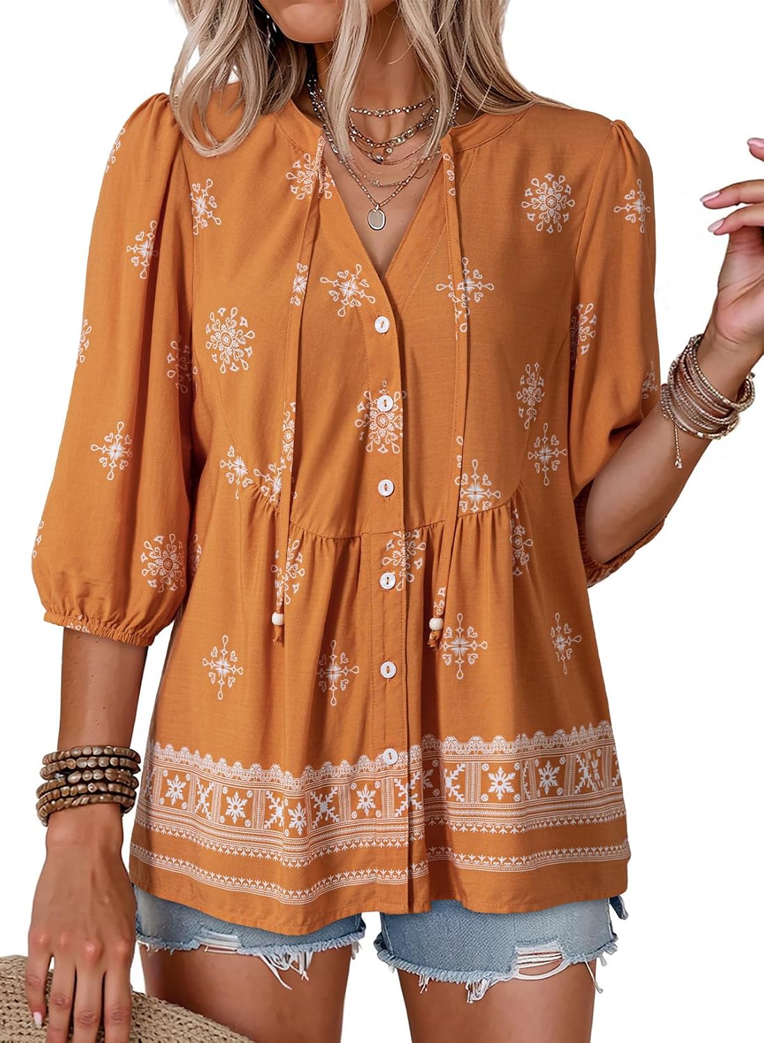 Marina Women's Floral Peplum Blouse – V-Neck, Tie Front & Button-Down Design