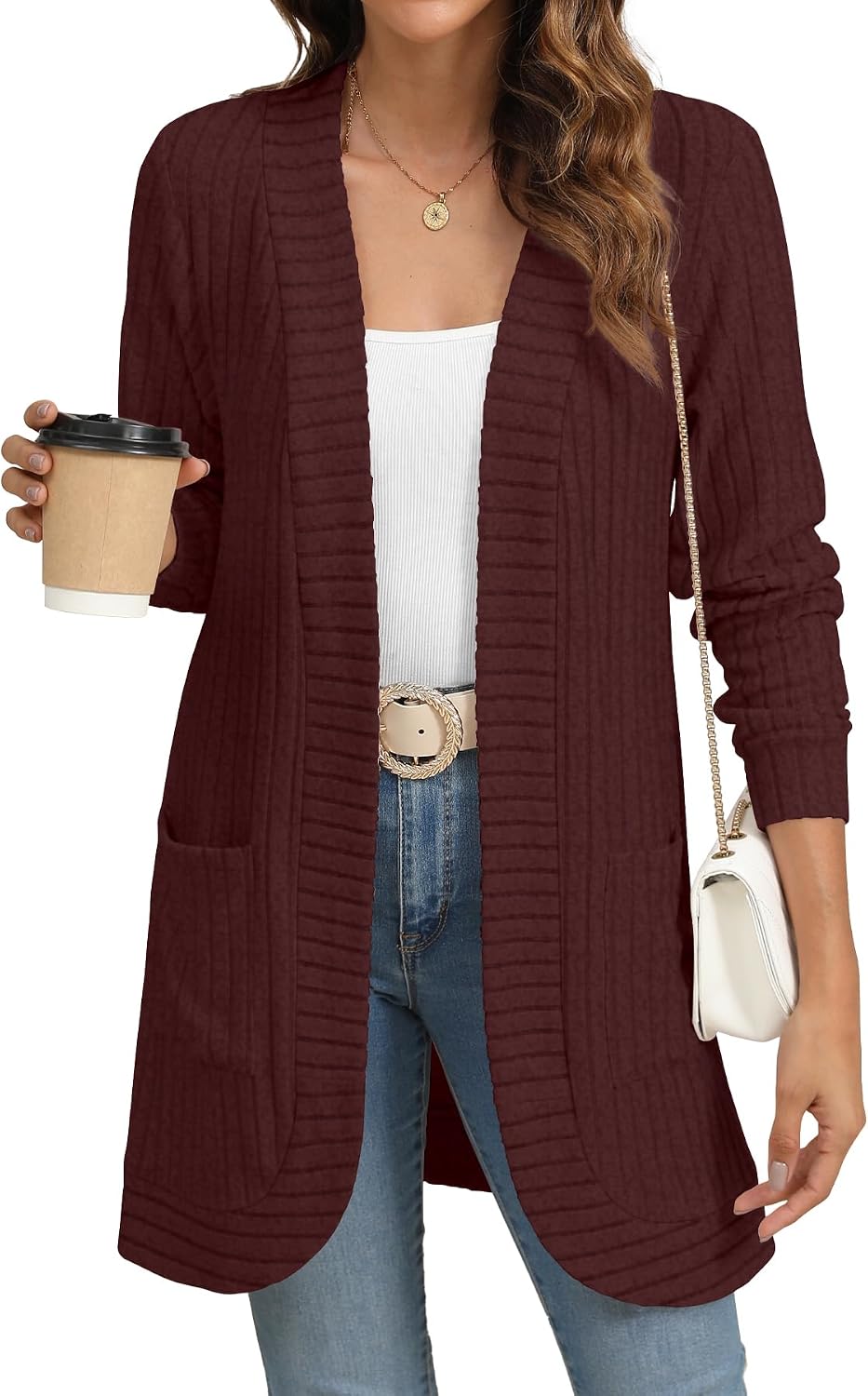Erica Women's Ribbed Open-Front Cardigan – Long Sleeves, Loose Fit & Side Pockets