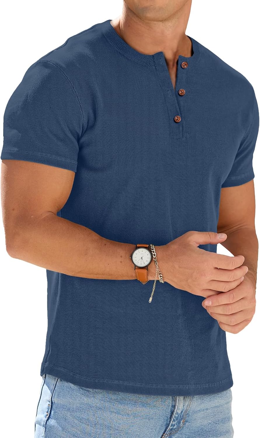Leo Men's Henley T-Shirt – Short Sleeves, Button Neck & Slim Fit