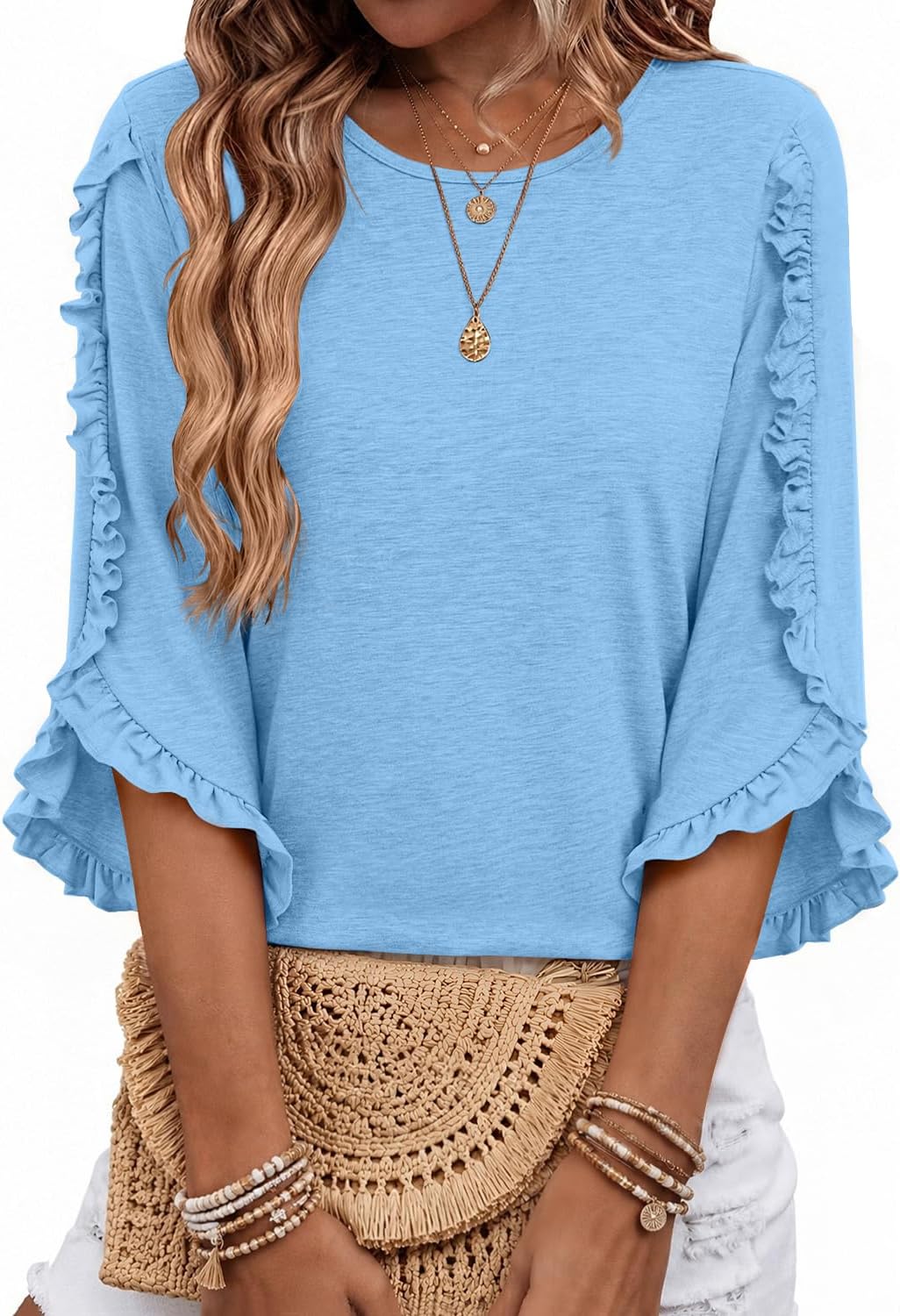 Eliana Women's Ruffle Trim Top – Crew Neck, 3/4 Sleeves & Relaxed Fit