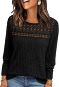 Adeline Women's Lace Ribbed Top – Crew Neck, Long Sleeves & Fitted Silhouette