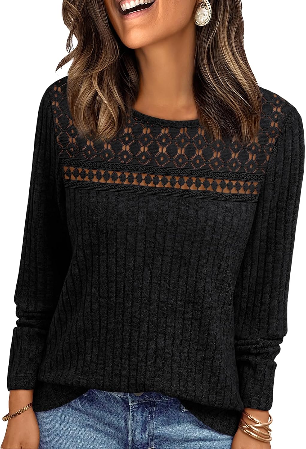 Adeline Women's Lace Ribbed Top – Crew Neck, Long Sleeves & Fitted Silhouette