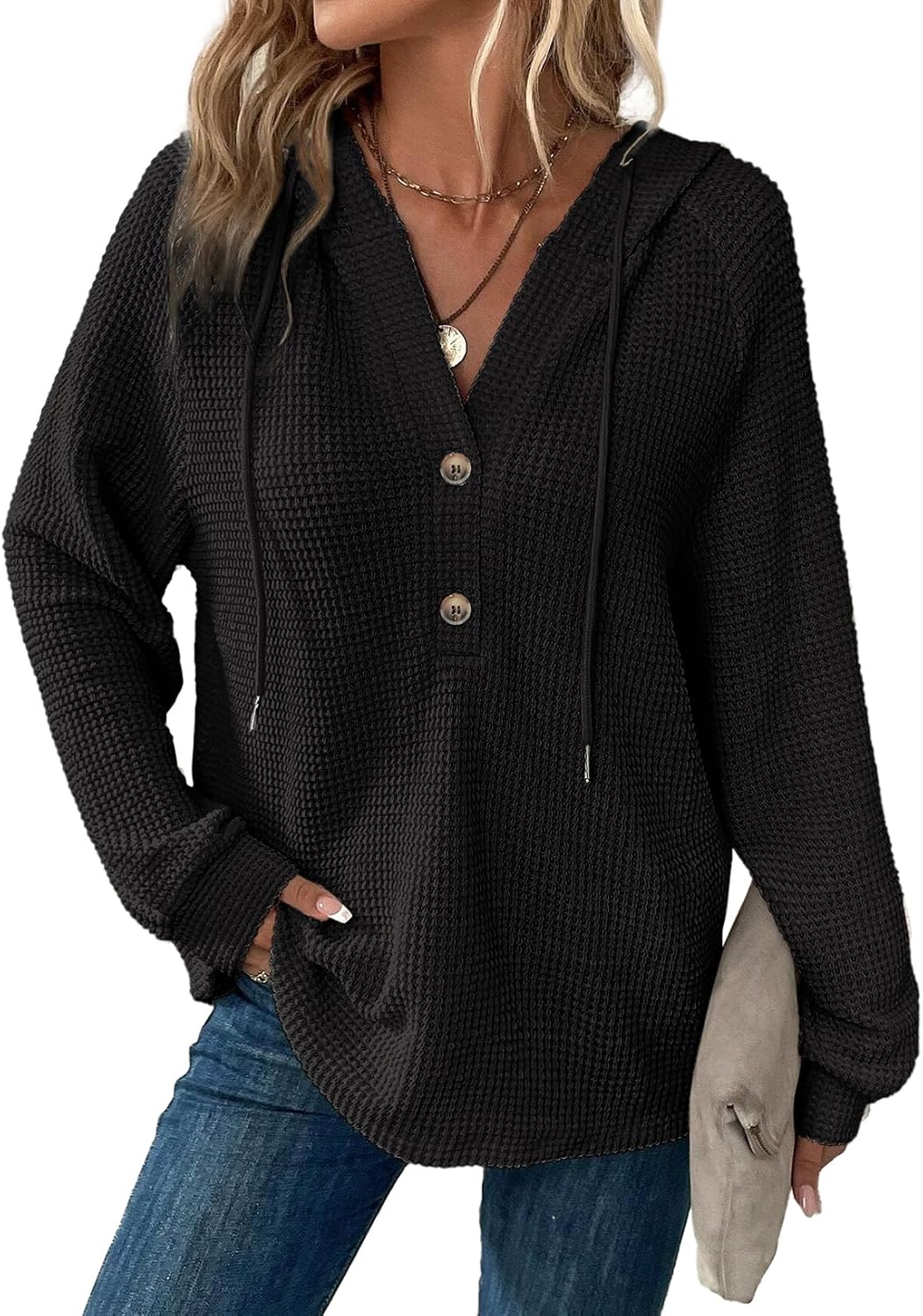 Hannah Women's Waffle Knit Hoodie – V-Neck, Button Front & Oversized Fit