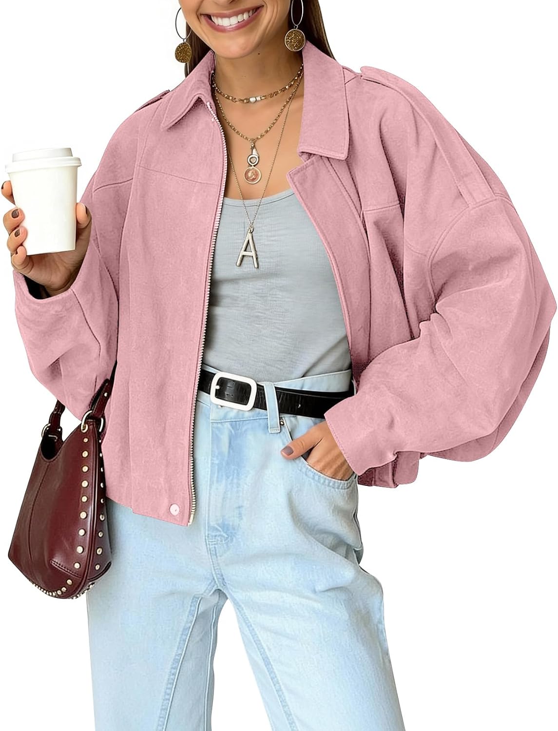 Sasha Women's Faux Suede Bomber Jacket – Cropped Fit, Batwing Sleeves & Zip Front
