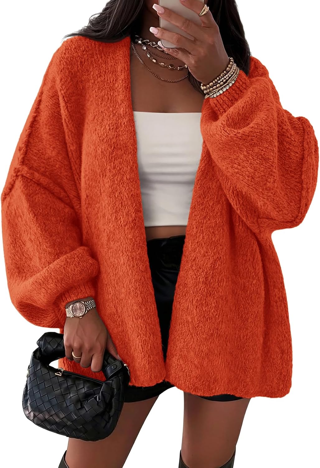 Evelina Women's Oversized Cardigan – Lantern Sleeves, Drop Shoulders & Open Front