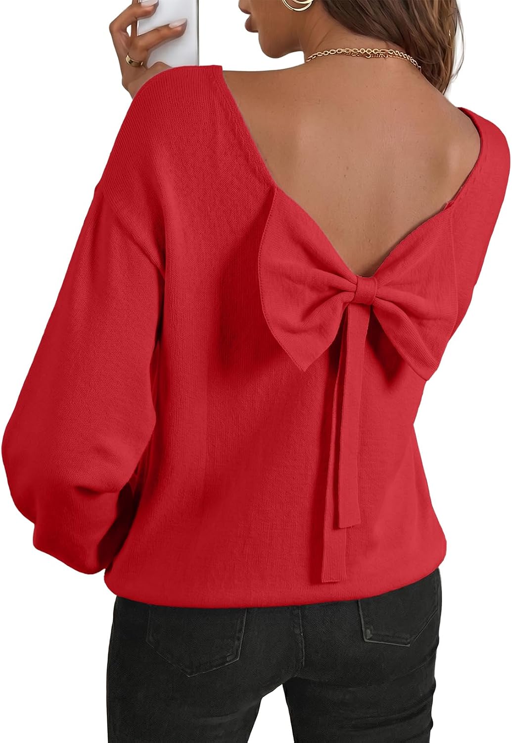 Sylvia Women's Back Bow Knit Sweater – Open Back, Balloon Sleeves & Relaxed Fit