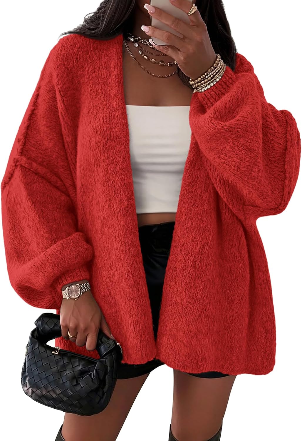 Evelina Women's Oversized Cardigan – Lantern Sleeves, Drop Shoulders & Open Front