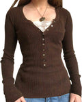 Felicity Women's Lace V-Neck Top – Half Button Front, Long Sleeves & Slim Fit