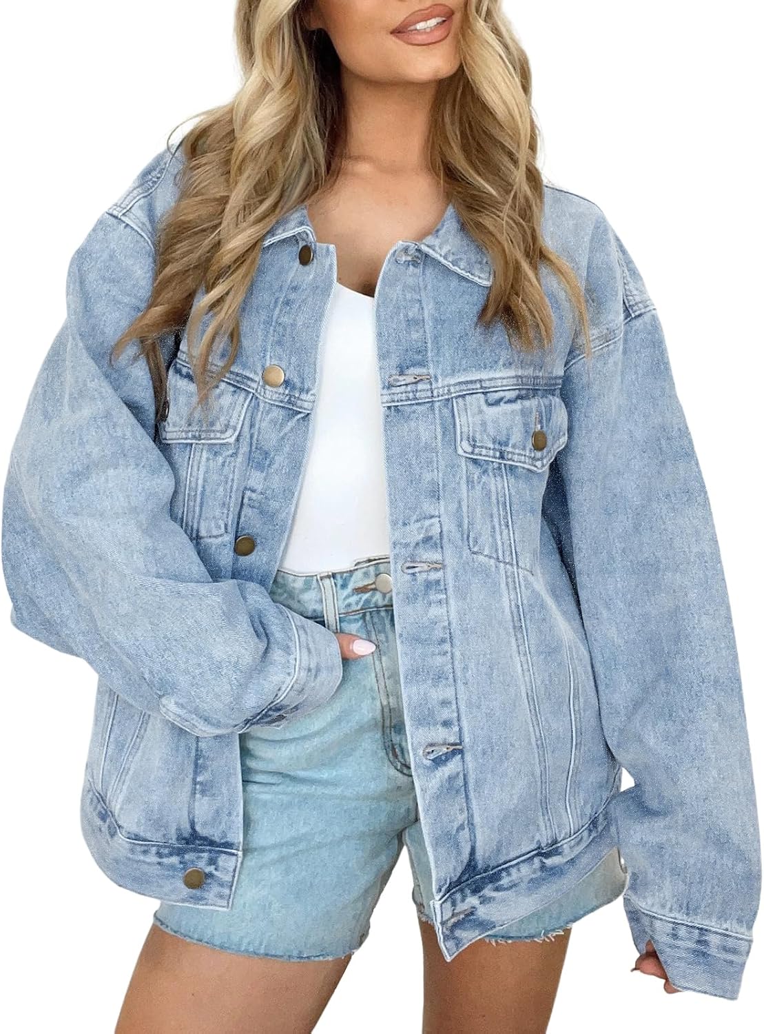 Talia Women's Distressed Denim Jacket – Oversized Fit, Chest Pockets & Drop Shoulders