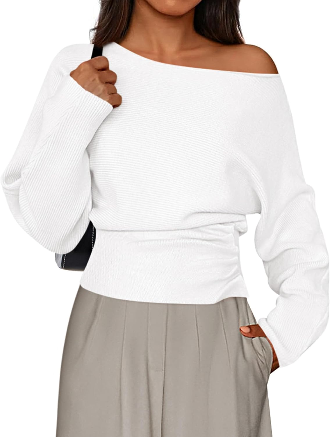 Ivy Women's Off-Shoulder Sweater – Ribbed Knit, Long Sleeves & Fitted Waist