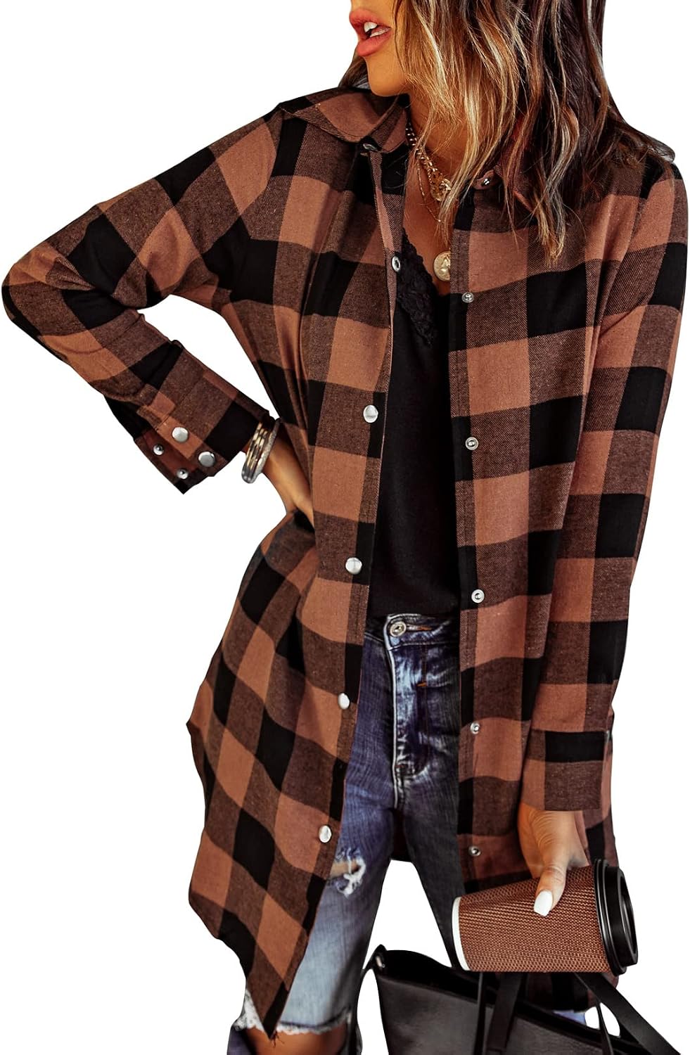 Estelle Women's Plaid Shacket – Button Front, Boyfriend Fit & Pockets