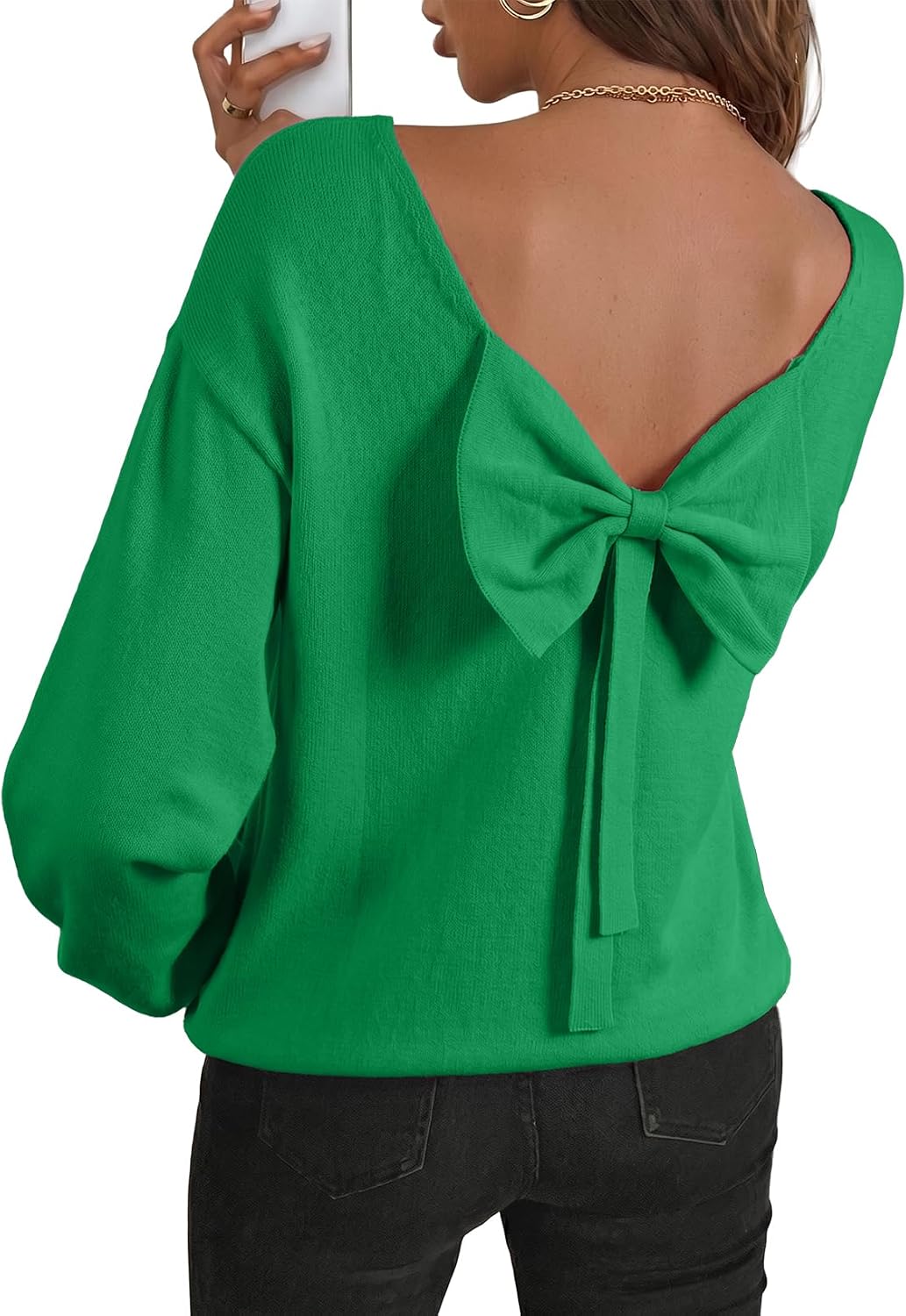 Sylvia Women's Back Bow Knit Sweater – Open Back, Balloon Sleeves & Relaxed Fit