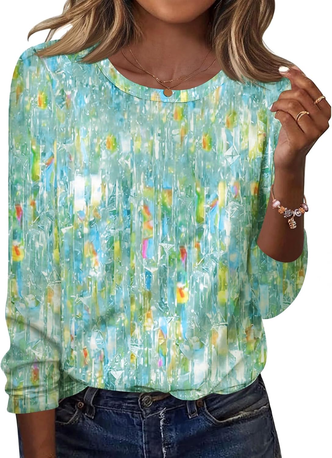 Nadia Women's Printed Long Sleeve Top – Crew Neck, Curved Hem & Relaxed Fit