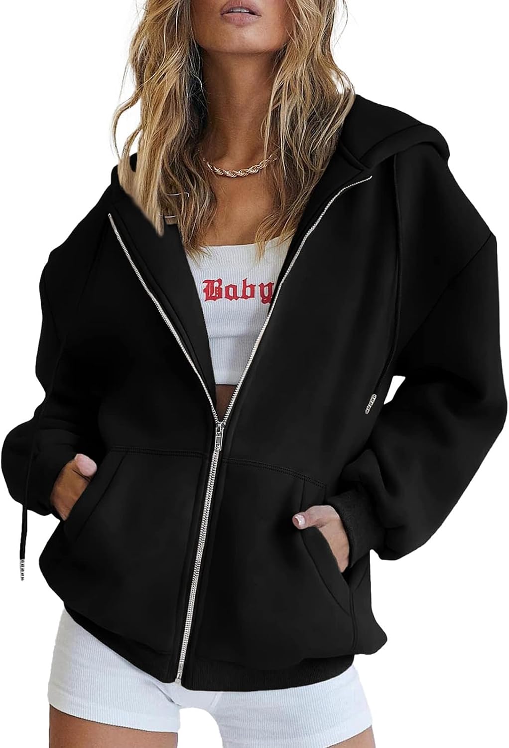Amelia Women's Zip-Up Hoodie – Drawstring Hood, Side Pockets & Relaxed Fit