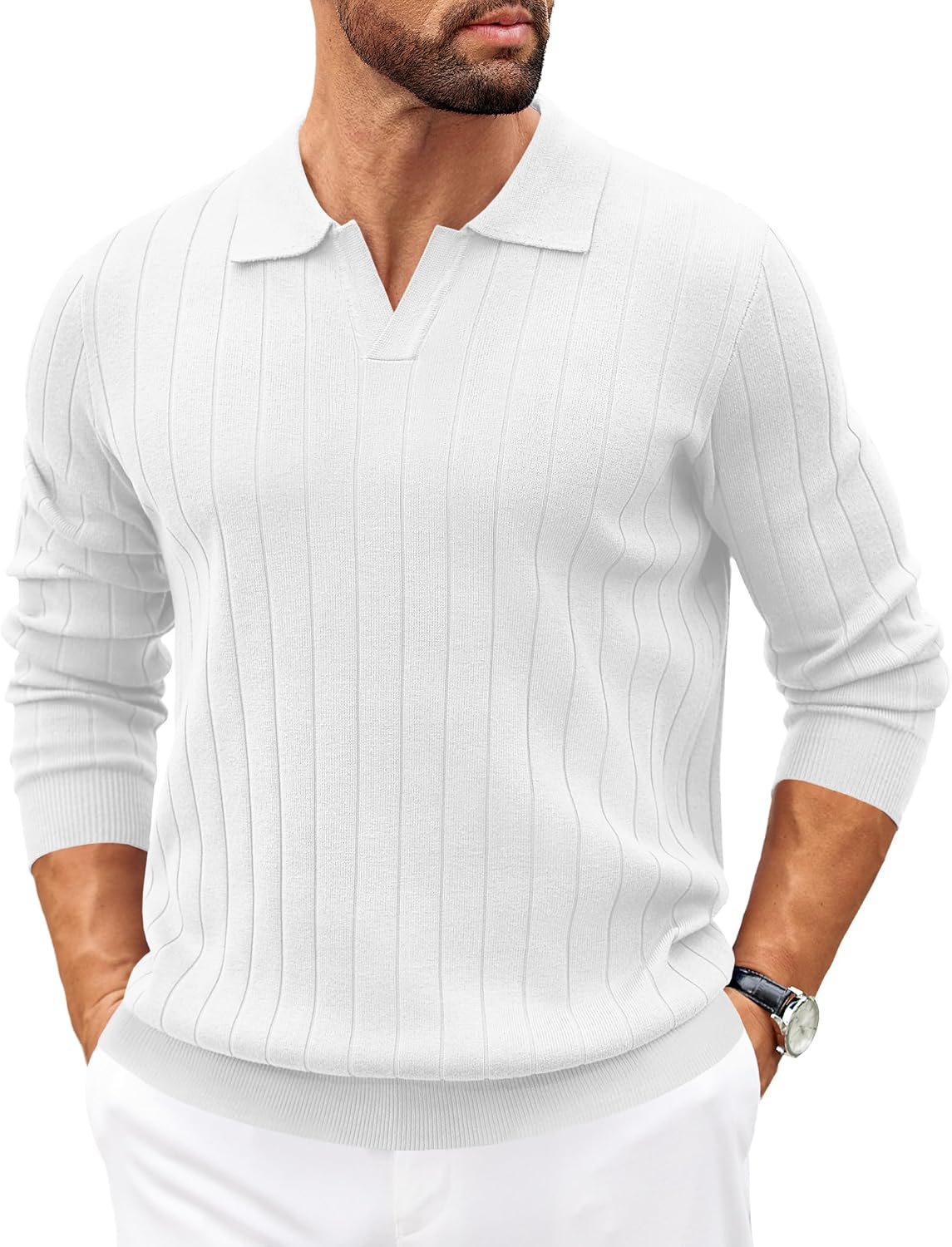 Benjamin Men's Knit Polo Sweater – V-Neck Collar, Wide Stripe Texture & Ribbed Trims