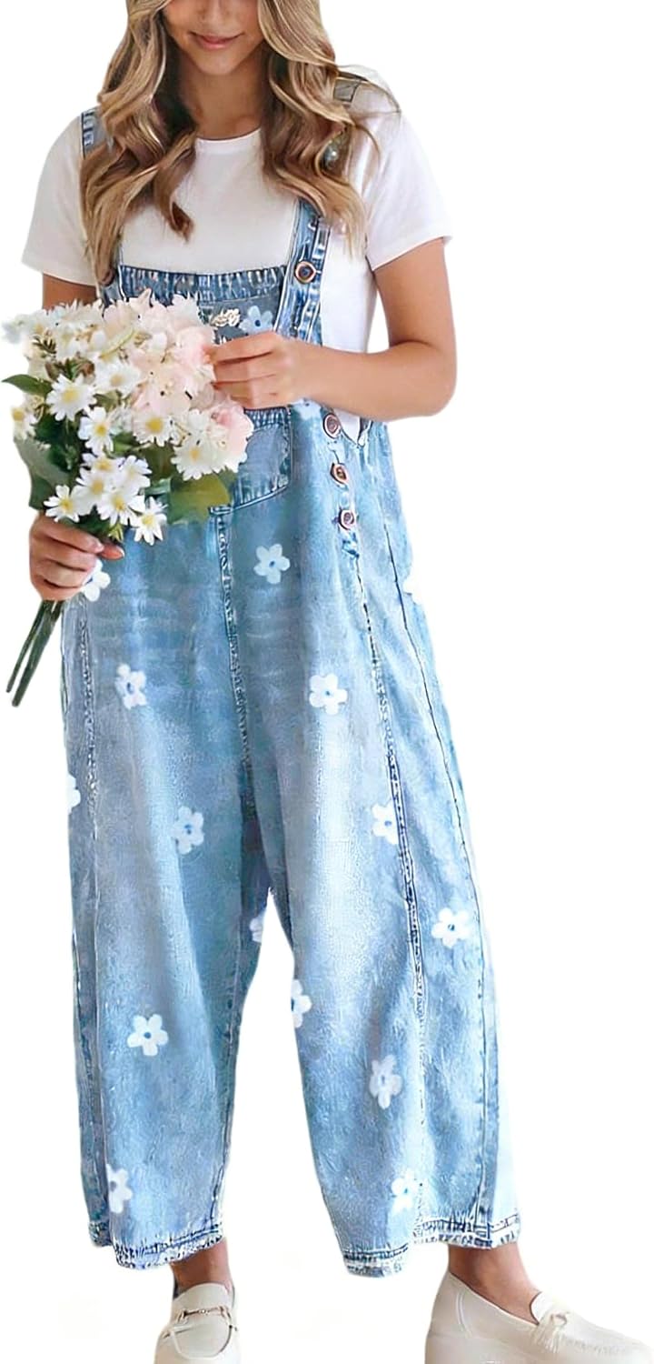 Zara Women's Floral Denim Overalls – Wide Leg, Adjustable Straps & Multiple Pockets