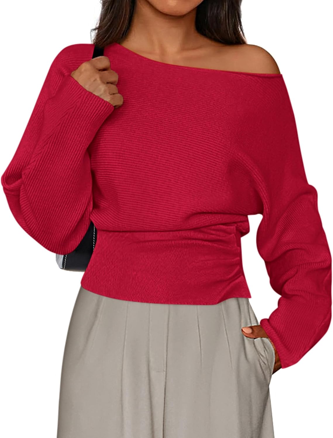 Ivy Women's Off-Shoulder Sweater – Ribbed Knit, Long Sleeves & Fitted Waist