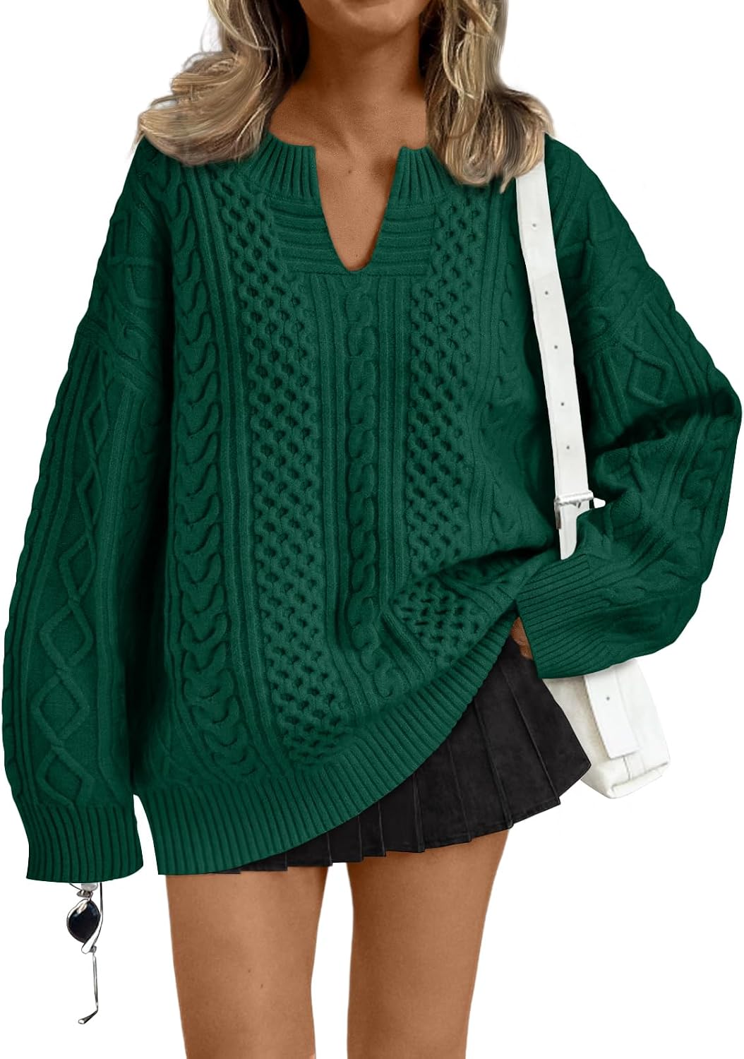 Aurora Women's Cable Knit V-Neck Sweater – Drop Shoulders, Ribbed Trims & Relaxed Fit