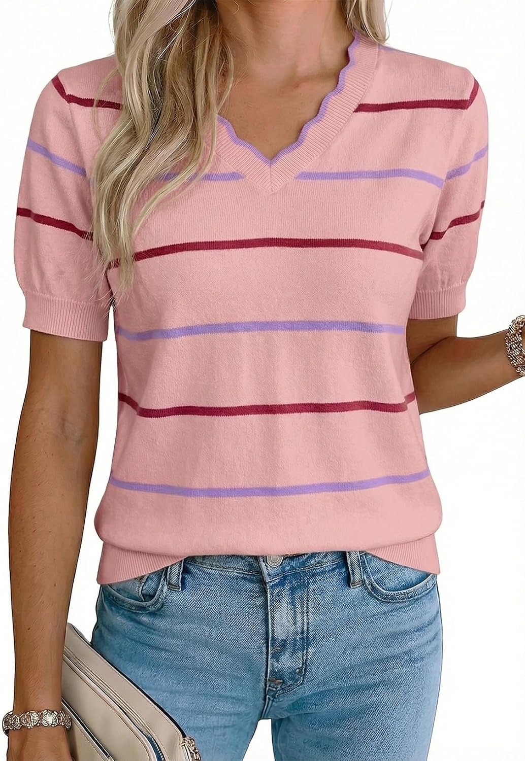 Rachel Women's Ruffle V-Neck Knit Top – Short Sleeves, Colour Block & Pullover