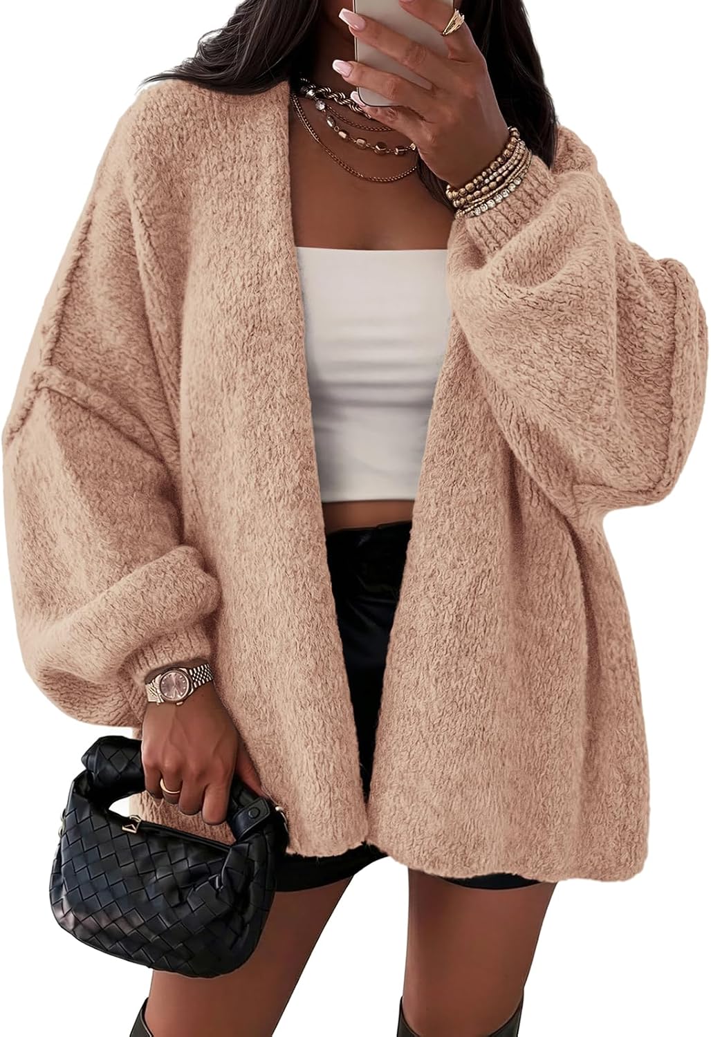 Evelina Women's Oversized Cardigan – Lantern Sleeves, Drop Shoulders & Open Front