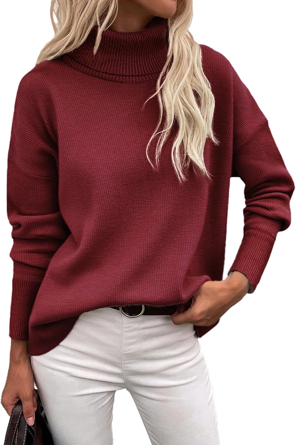 Aubrey Women's Turtleneck Sweater – High-Low Hem, Drop Shoulders & Oversized Fit