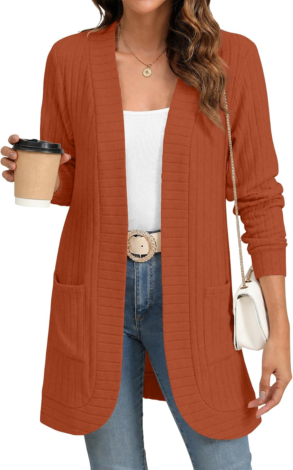 Erica Women's Ribbed Open-Front Cardigan – Long Sleeves, Loose Fit & Side Pockets