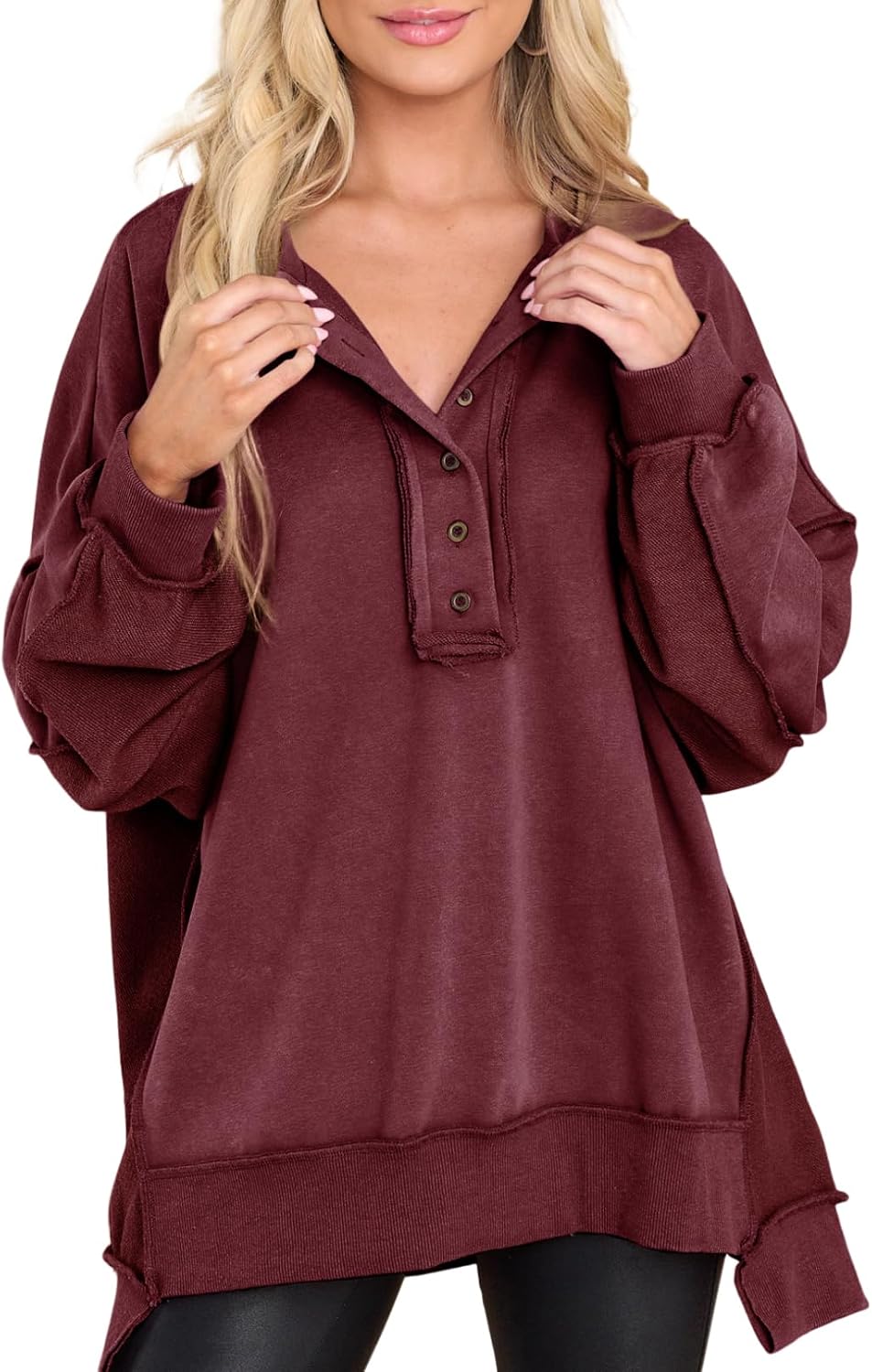 Jocelyn Women's Henley Sweatshirt – Button V-Neck, Drop Shoulders & Oversized Fit