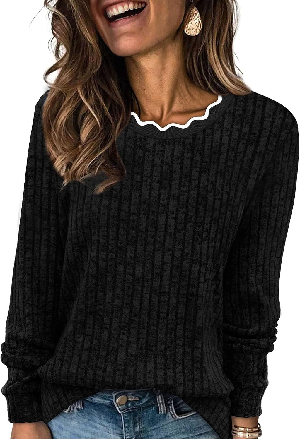 Marissa Women's Scallop Neck Sweater – Long Sleeves, Relaxed Fit & Soft Knit