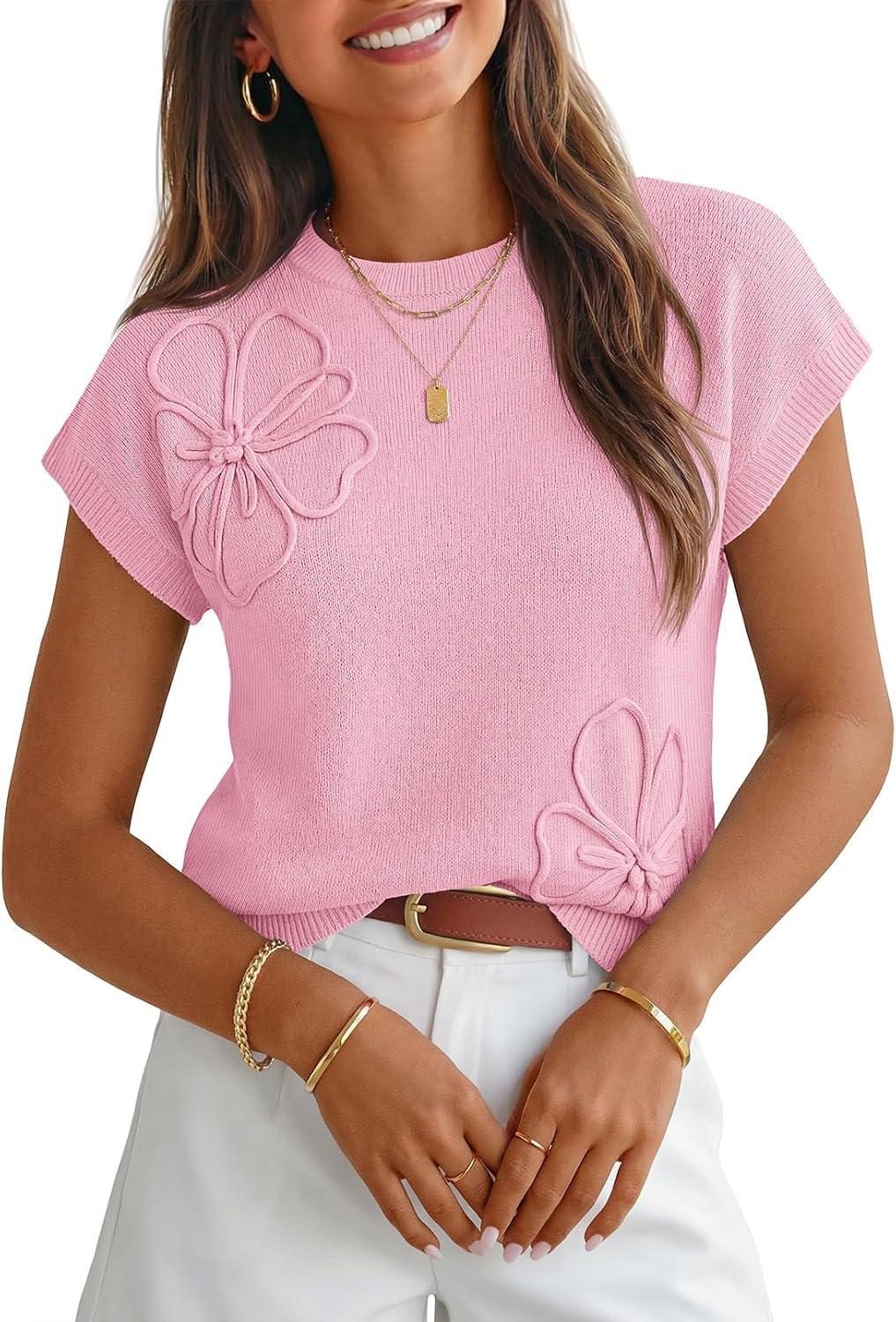 Annabelle Women's 3D Floral Knit Top – Cap Sleeves, Crew Neck & Relaxed Fit