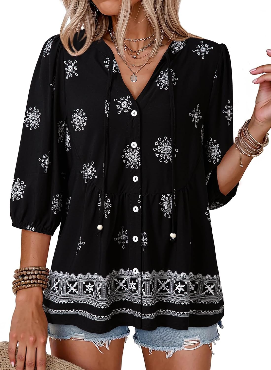 Marina Women's Floral Peplum Blouse – V-Neck, Tie Front & Button-Down Design