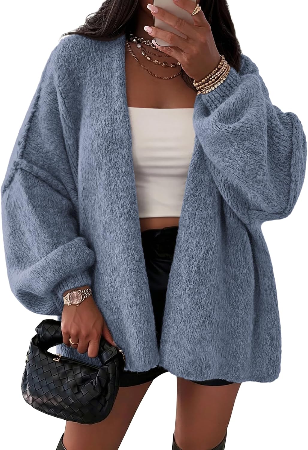 Evelina Women's Oversized Cardigan – Lantern Sleeves, Drop Shoulders & Open Front