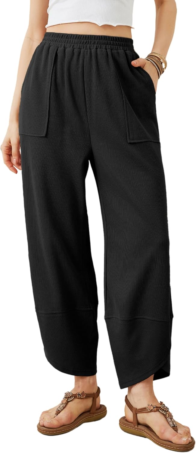 Alice Women's Wide-Leg Palazzo Trousers – Smocked Waist, Curved Hem & Side Pockets