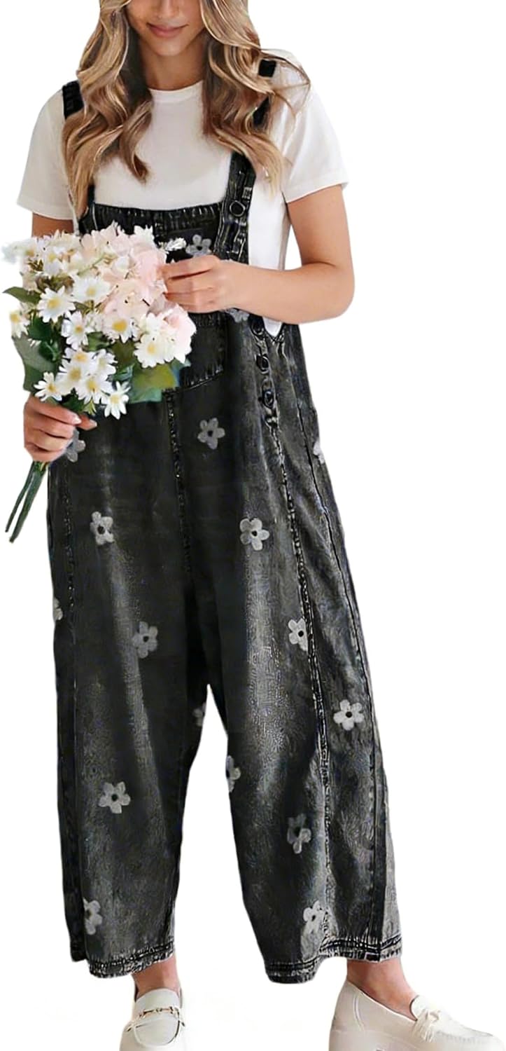 Zara Women's Floral Denim Overalls – Wide Leg, Adjustable Straps & Multiple Pockets