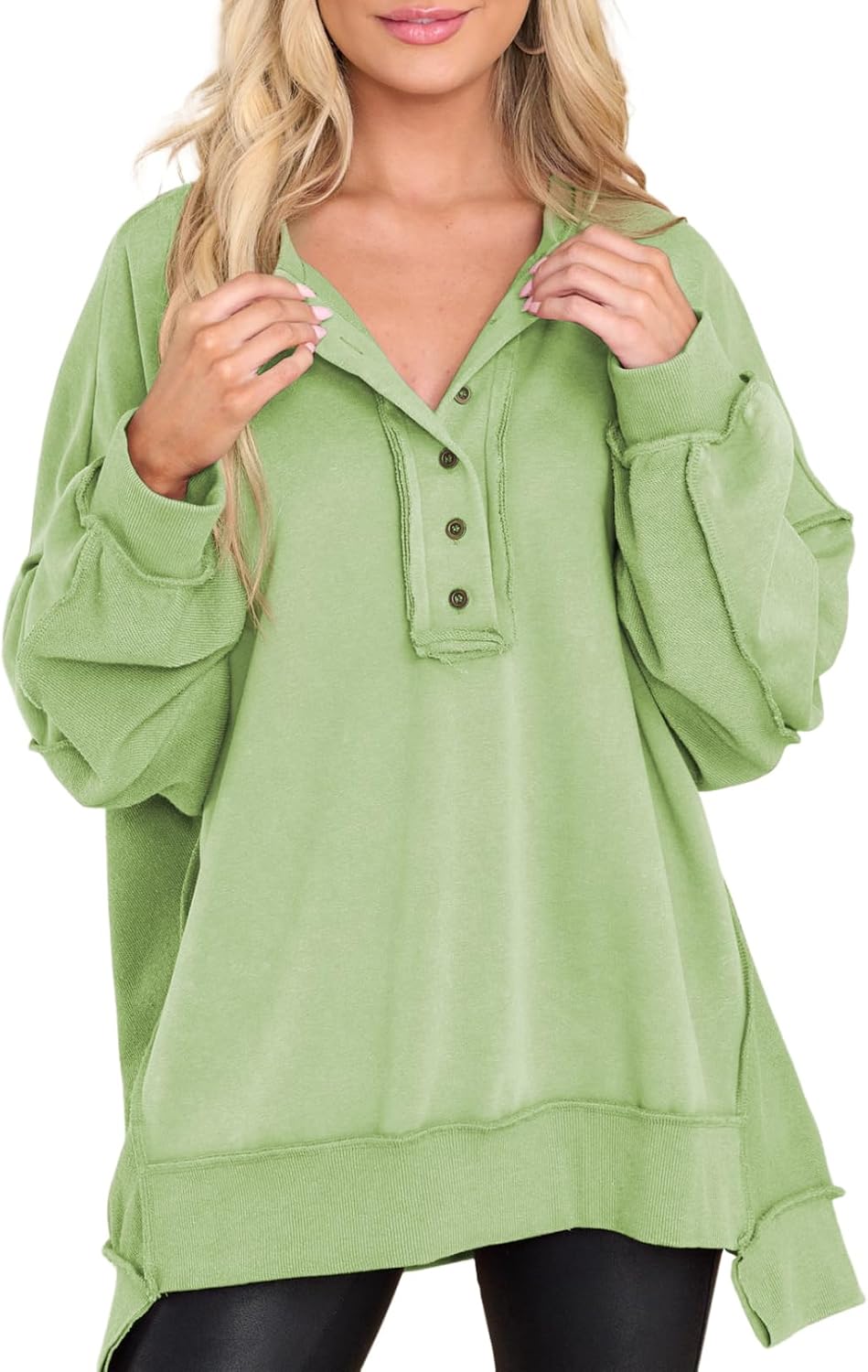 Jocelyn Women's Henley Sweatshirt – Button V-Neck, Drop Shoulders & Oversized Fit