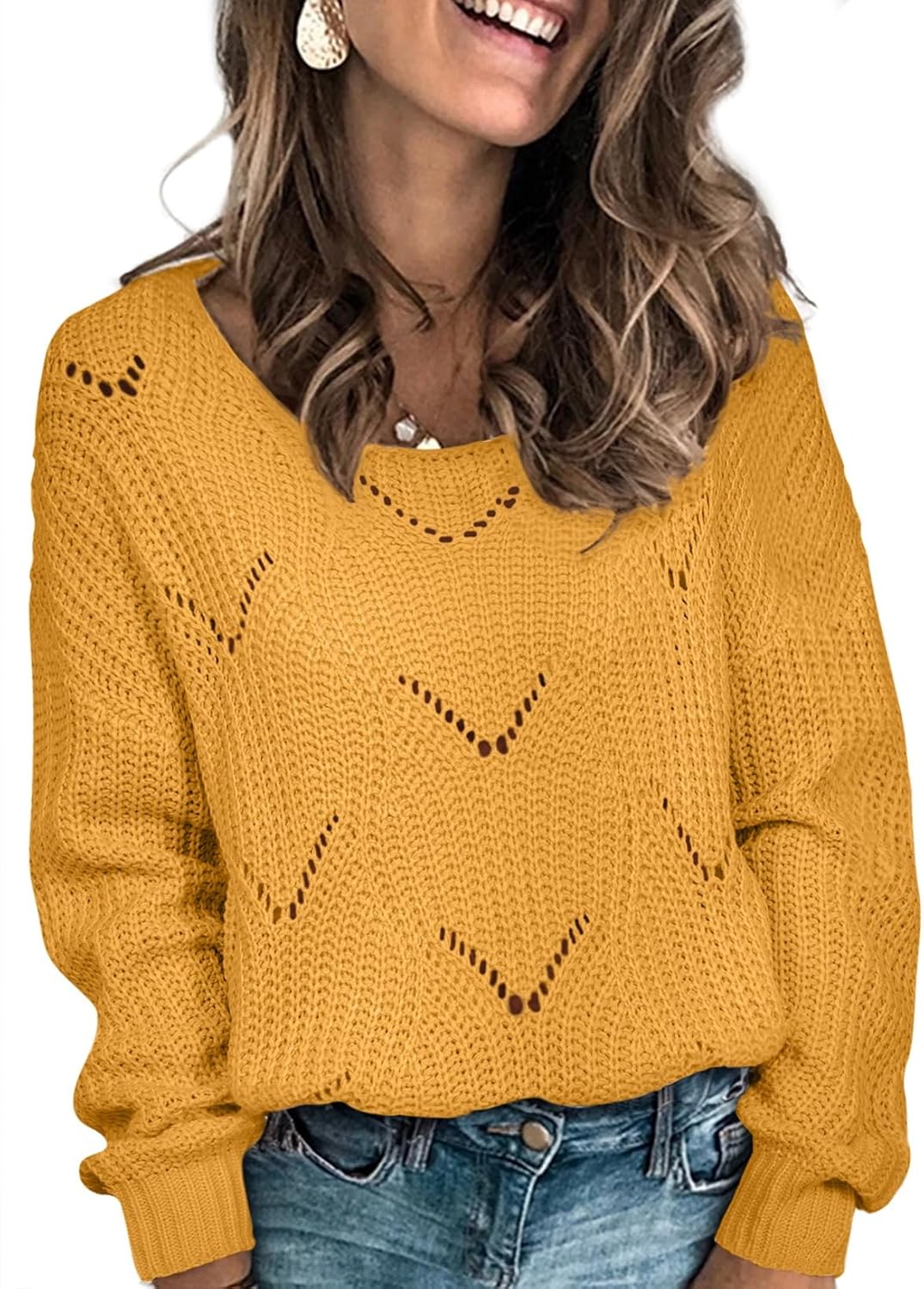 Autumn Women's Hollow Knit Sweater – Convertible Neckline, Long Sleeves & Loose Fit