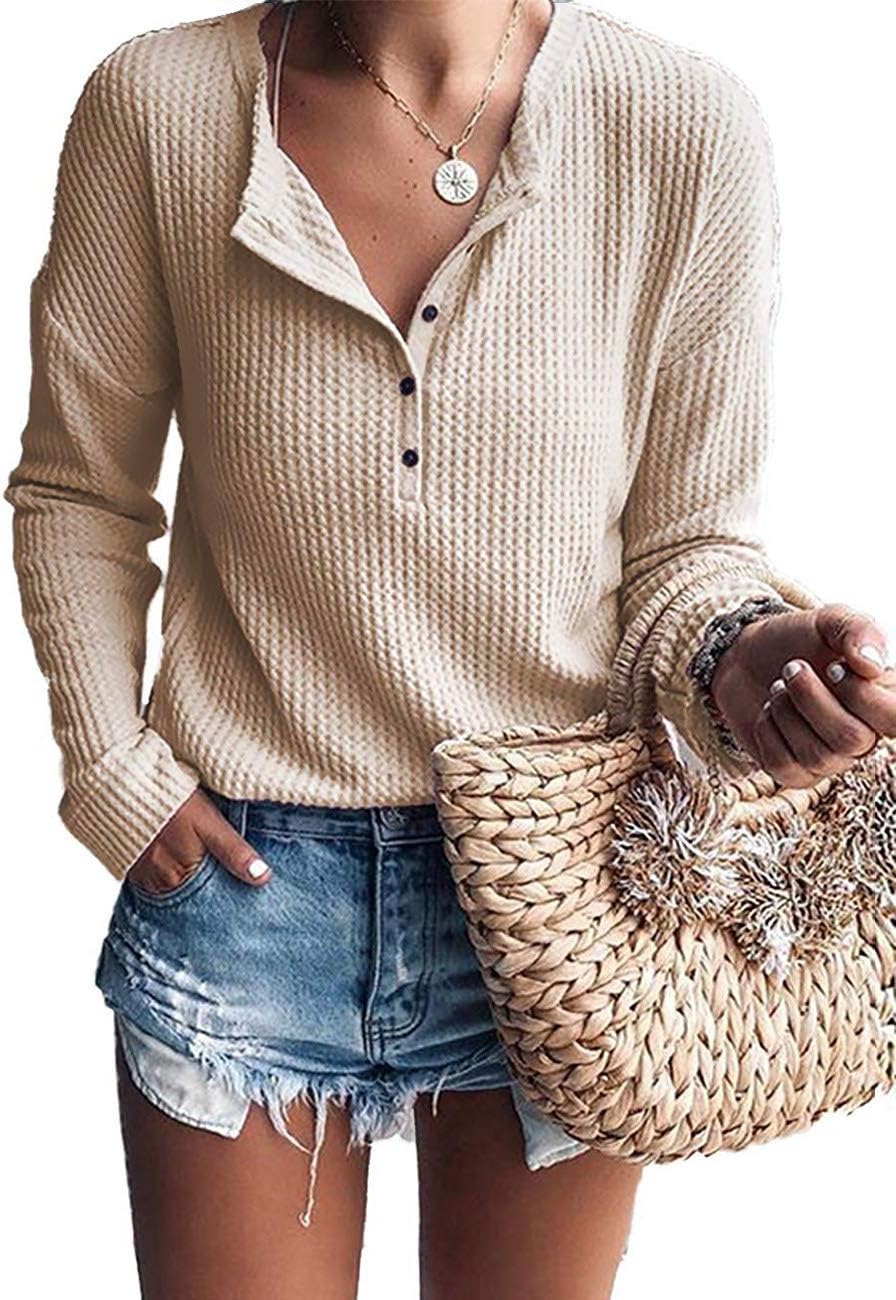 Lucille Women's Waffle Knit Henley Top – V-Neck, Batwing Sleeves & Relaxed Fit