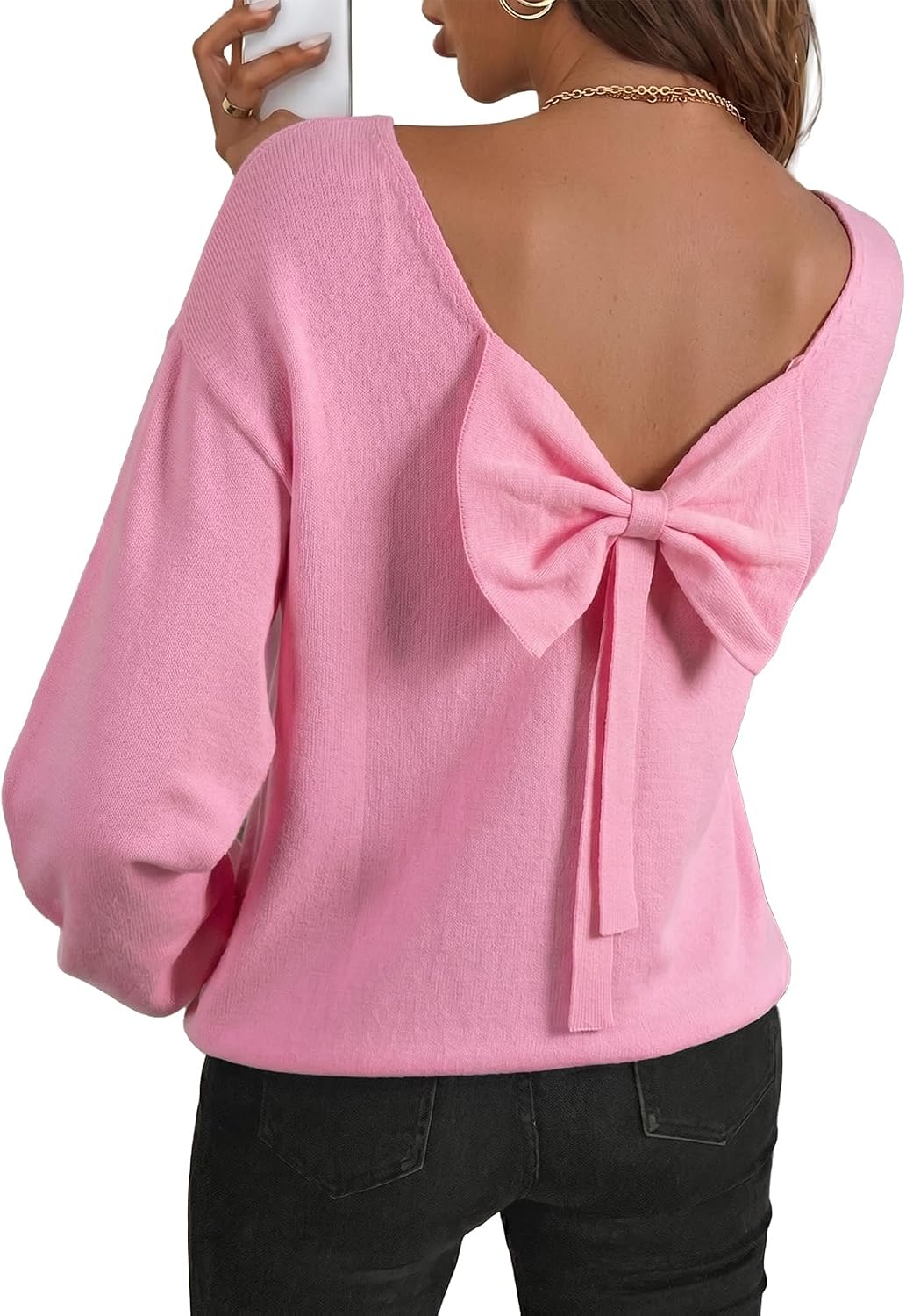 Sylvia Women's Back Bow Knit Sweater – Open Back, Balloon Sleeves & Relaxed Fit