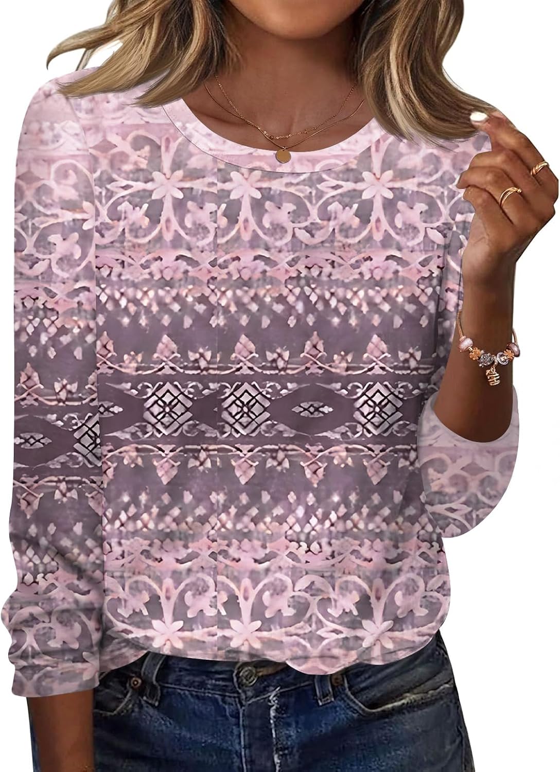 Nadia Women's Printed Long Sleeve Top – Crew Neck, Curved Hem & Relaxed Fit