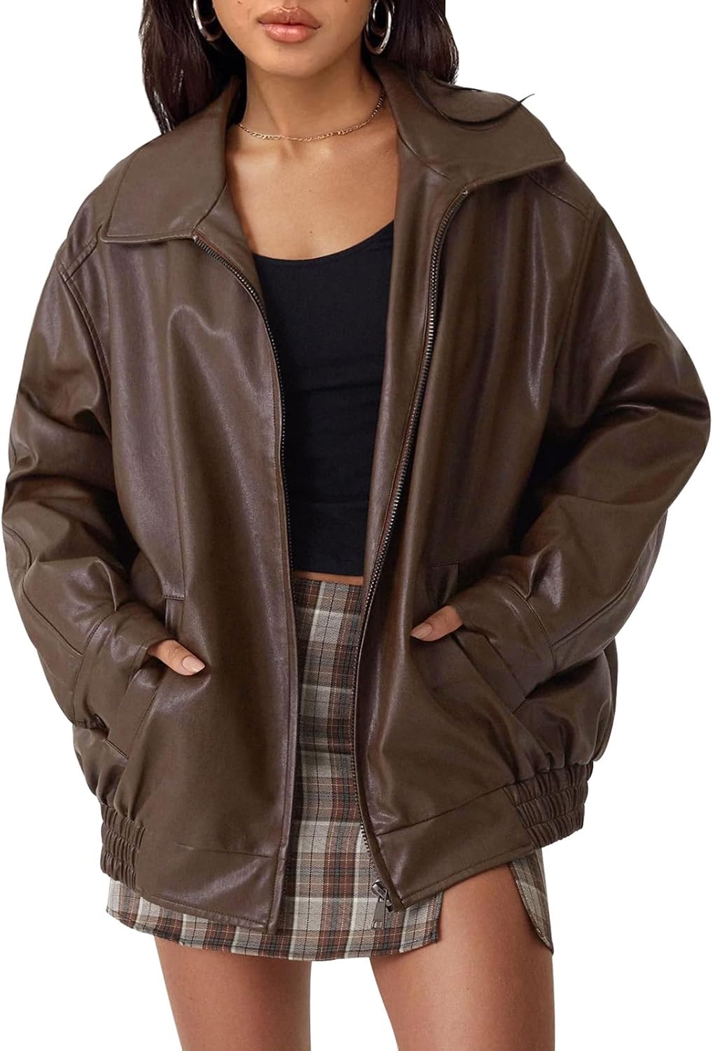 Imogen Women's Oversized Vegan Leather Jacket – Biker Style, Zip Front & Boyfriend Fit