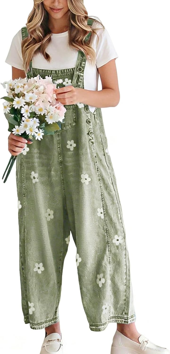 Zara Women's Floral Denim Overalls – Wide Leg, Adjustable Straps & Multiple Pockets