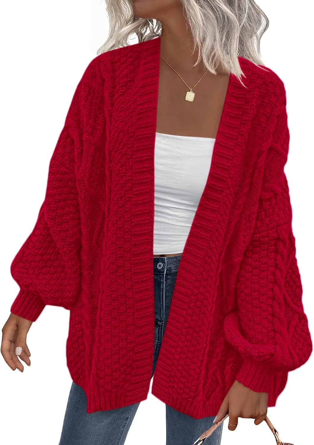 Penelope Women's Cable Knit Cardigan – Lantern Sleeves, Drop Shoulders & Oversized Fit