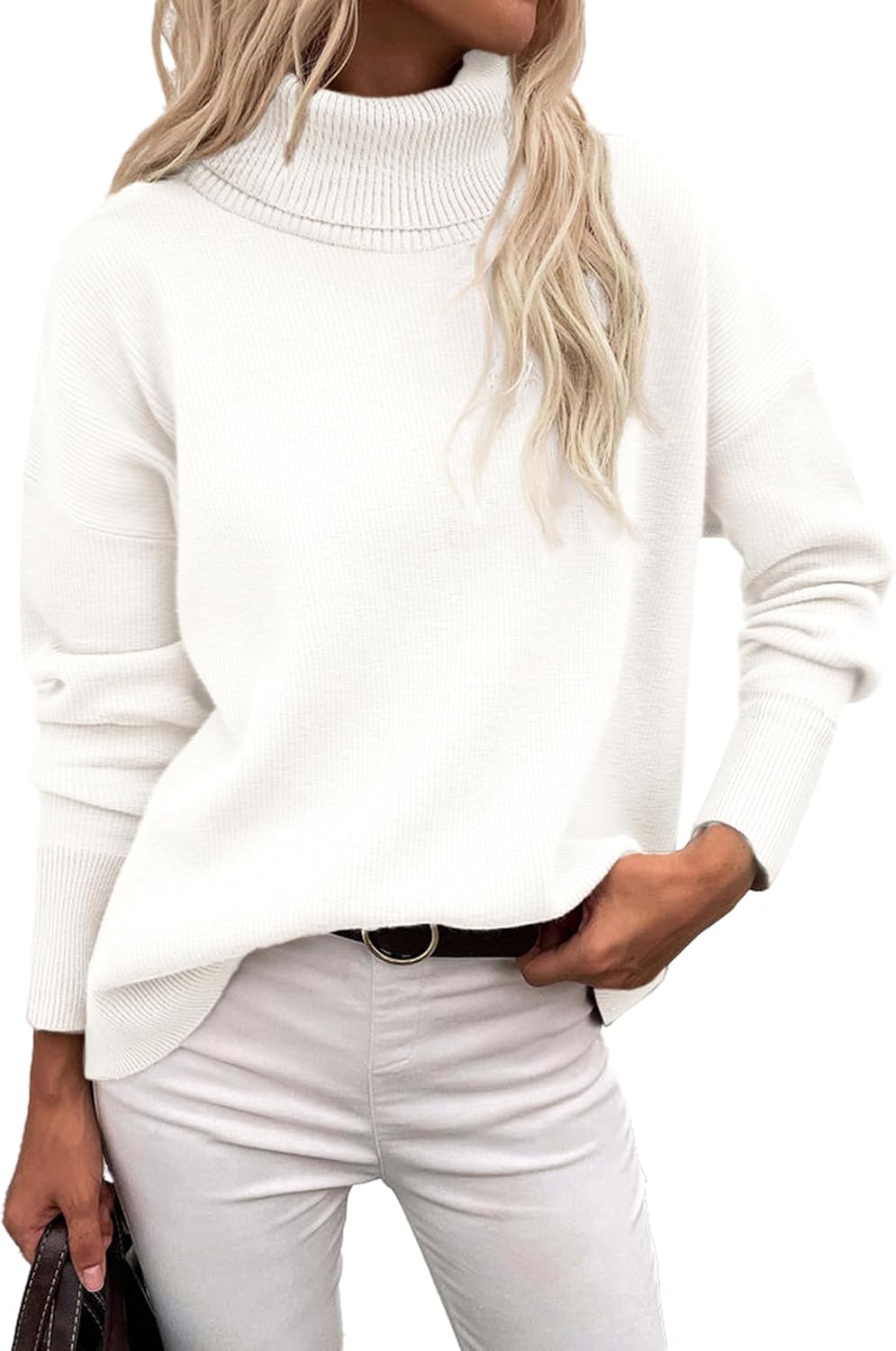 Aubrey Women's Turtleneck Sweater – High-Low Hem, Drop Shoulders & Oversized Fit