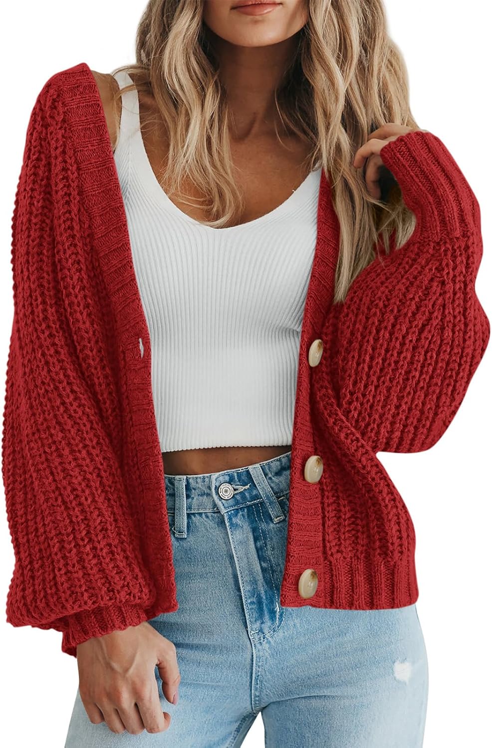 Danielle Women's Oversized Knit Cardigan – Deep V-Neck, Button Front & Chunky Knit
