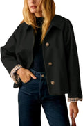Natalie Women's Cropped Trench Jacket – Oversized Fit, Lapel Collar & Plaid Lining